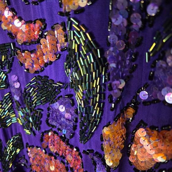 OLEG CASSINI Silk Sequin Beaded Dress Size 18 Purple Floral Formal 100% Silk - Picture 5 of 13